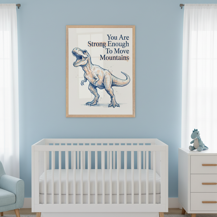 Modern nursery with a white crib against a blue wall. A framed T-Rex illustration with text 'You Are Strong Enough To Move Mountains' hangs above the crib. A white dresser is on the right, and a light blue armchair is on the left.