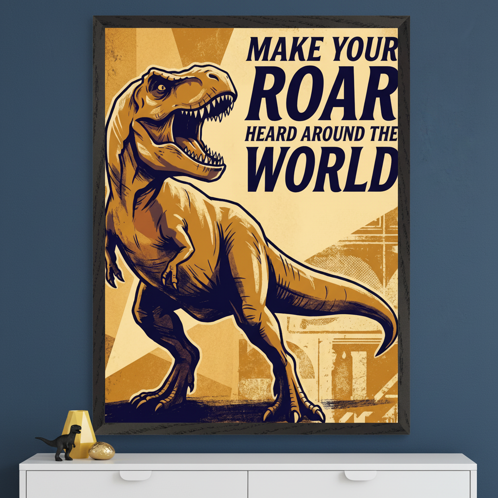 Modern room with a white dresser. A black-framed wall art of a roaring T-Rex and the text "MAKE YOUR ROAR HEARD AROUND THE WORLD" in a vintage poster style hangs centered above.