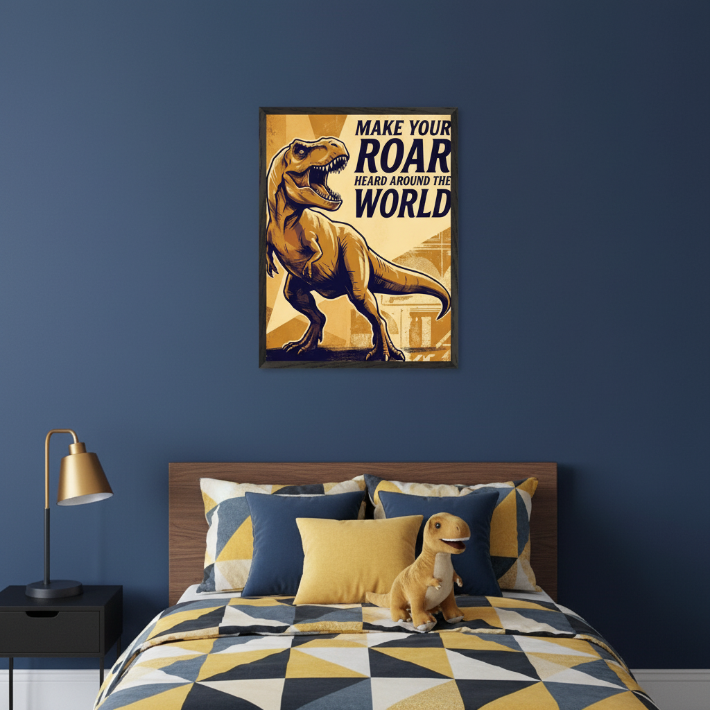 Kid's bedroom with dark blue wall, wooden bed, geometric bedding, and a black nightstand with gold lamp. A framed vintage-style T-Rex print saying "MAKE YOUR ROAR HEARD AROUND THE WORLD" hangs above the bed. A yellow plush dinosaur is on the bed.