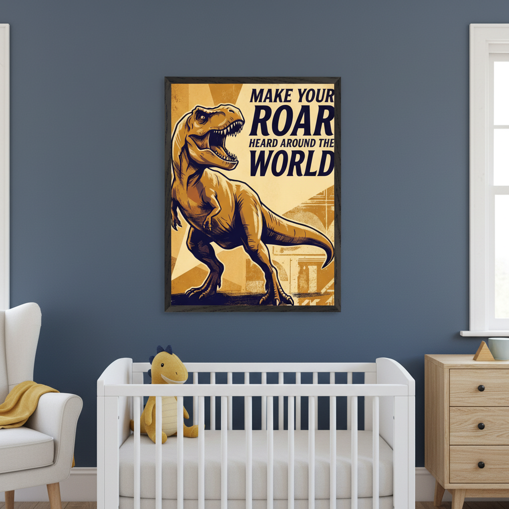 Modern nursery with a dark blue wall. A white crib, armchair, and wooden dresser are visible. Centered above the crib, a framed poster features a roaring T-Rex in a retro, two-tone graphic style with text: "MAKE YOUR ROAR HEARD AROUND THE WORLD."