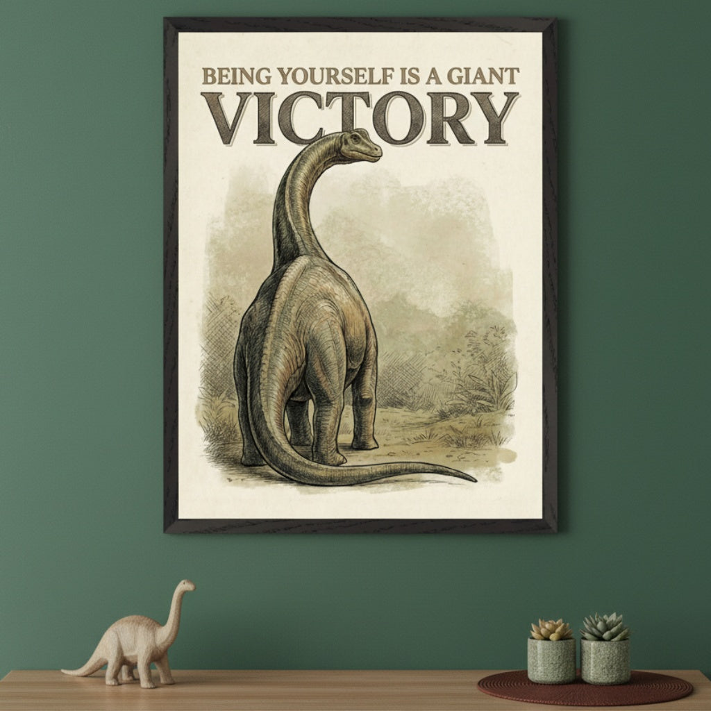 Modern room with a light wood table. A large framed vintage-style print of a long-necked dinosaur from behind, with text "BEING YOURSELF IS A GIANT VICTORY", hangs on the dark green wall above the table. A small dinosaur figurine and two potted plants are on the table.