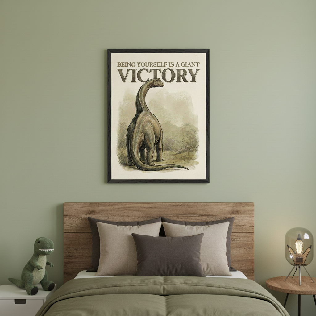 Kid's bedroom with an olive green bed and wooden headboard. A large framed print of a Brontosaurus-like dinosaur and text "BEING YOURSELF IS A GIANT VICTORY" in a vintage sketch style hangs centered above the bed. A green plush T-Rex is on the left nightstand, and a modern lamp on the right.