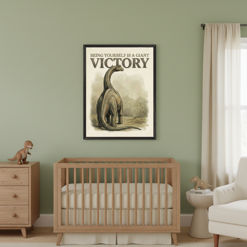 Modern nursery with sage green walls. A light wood crib and dresser are visible. Above the crib hangs a framed, vintage-style illustration of a large dinosaur from behind, with text "BEING YOURSELF IS A GIANT VICTORY".