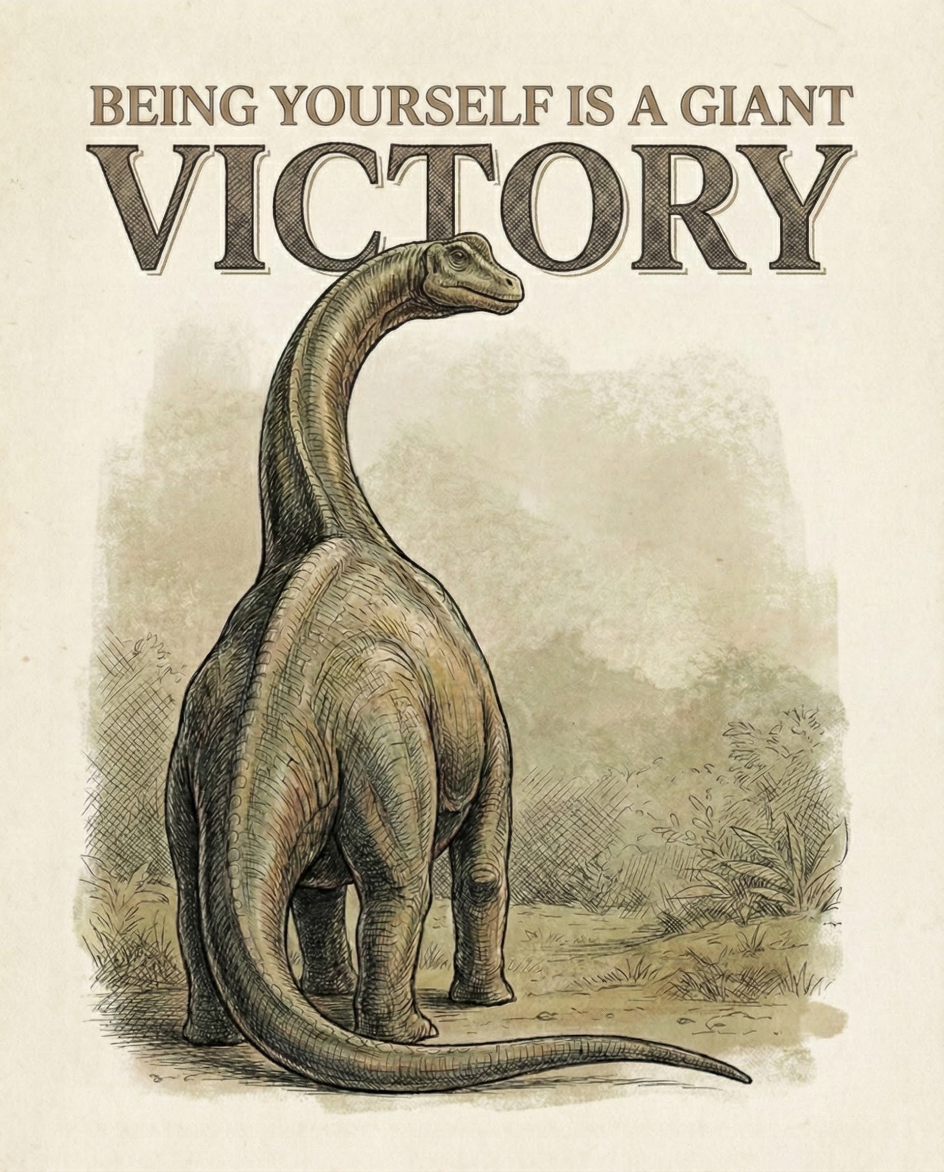 A detailed sketch of a long-necked dinosaur seen from behind stands tall in a misty forest, with the uplifting phrase “Being Yourself Is A Giant Victory” above it, combining prehistoric imagery with self-confidence for a kid- and adult-friendly message.
