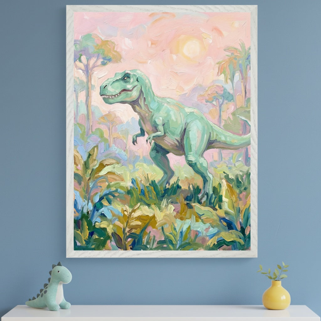 Kid's room with a light blue wall and a white shelf. A large framed oil painting of a green Tyrannosaurus Rex in a vibrant, textured jungle landscape with a pink sky hangs above the shelf. A small green dinosaur plush and a yellow vase are on the shelf.
