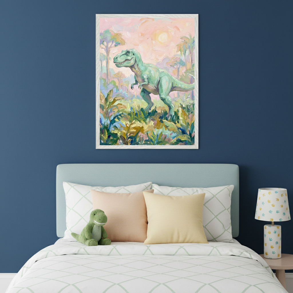 Kid's bedroom featuring a bed with a light blue headboard against a dark blue wall. A framed, painterly image of a green T-Rex in a jungle at sunset hangs above the bed. A green dinosaur plush toy rests on the bed.
