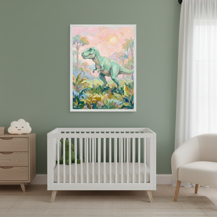 Modern nursery with a white crib, wooden dresser, and cream armchair. A framed painterly print of a light green dinosaur in a colorful jungle with a pink sunset hangs centered above the crib.