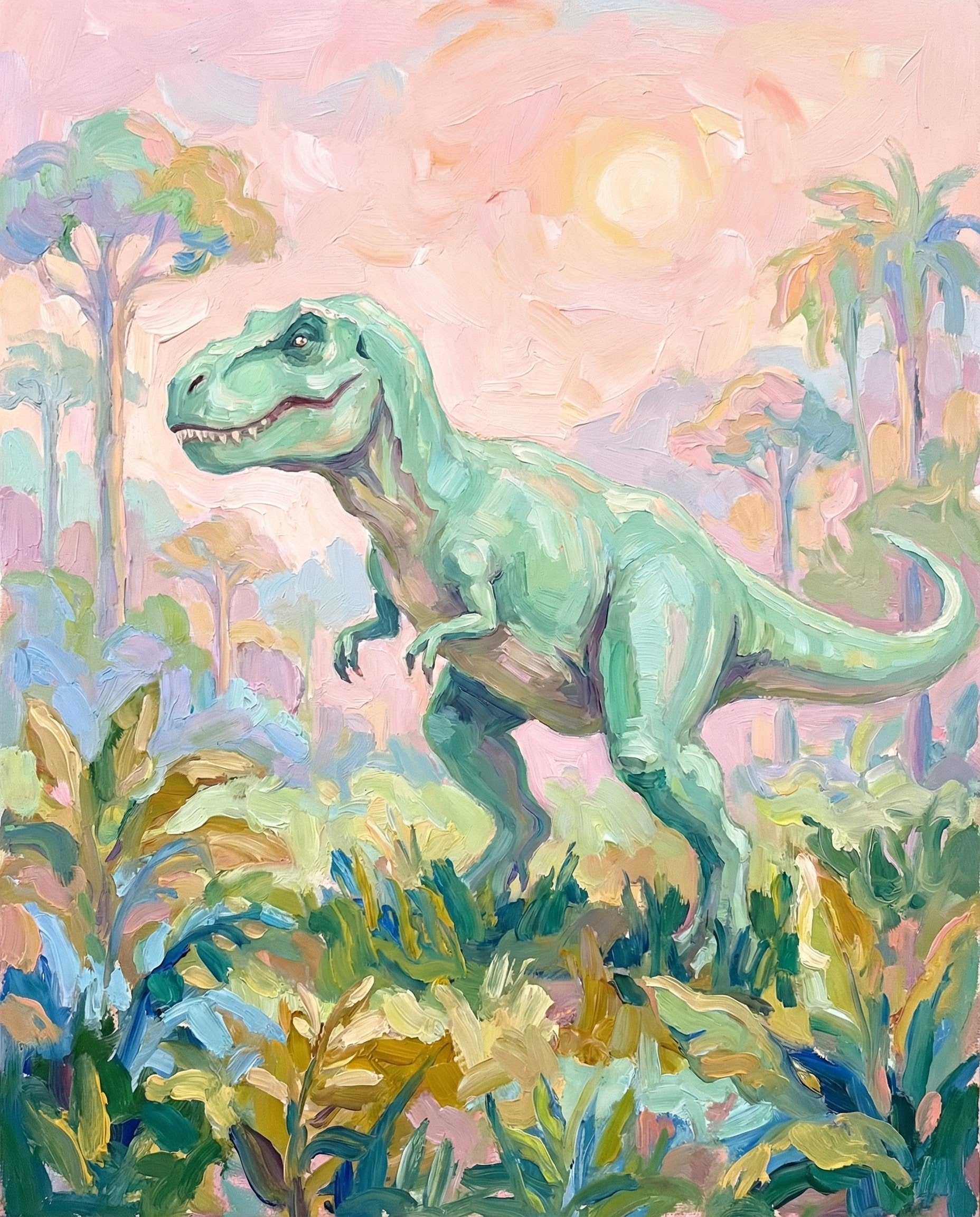 A pastel-toned painting of a green Tyrannosaurus rex standing in a lush, colorful jungle with soft pink skies and a glowing sun, blending impressionist style and prehistoric themes in a gentle scene suited for all ages.
