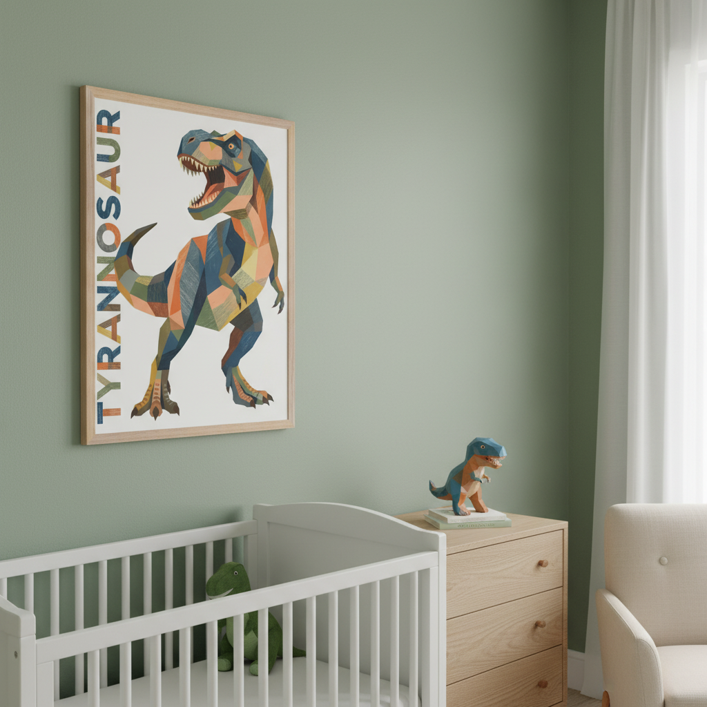 Modern nursery with a white crib and light wood dresser. A large framed print of a colorful, geometric T-Rex, with "TYRANNOSAUR" vertically, hangs above the crib. A light armchair is on the right.