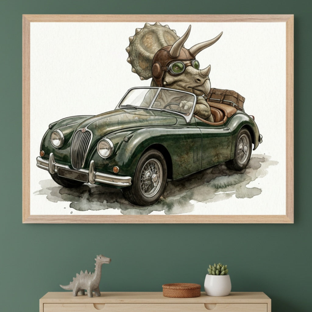 Modern room with a green wall and a light wooden dresser. A large framed watercolor art of a Triceratops dinosaur in a pilot helmet driving a green classic convertible car hangs above the dresser. A small gray dinosaur toy and potted succulent are on the dresser.