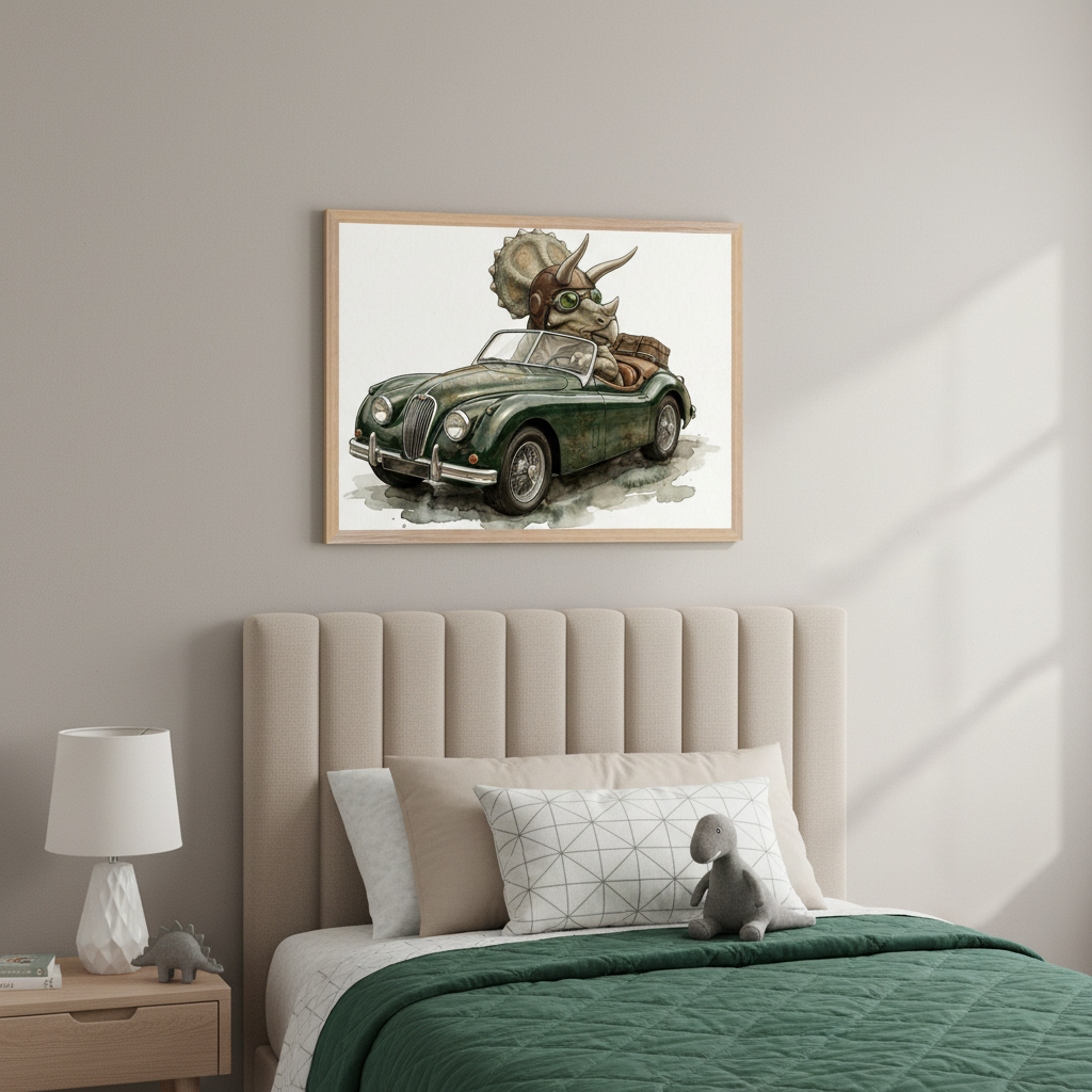 Kid's bedroom with a beige upholstered bed and wooden nightstand. Above the bed hangs a framed watercolor print of a triceratops in pilot goggles driving a green vintage convertible car. A dinosaur toy is on the nightstand.