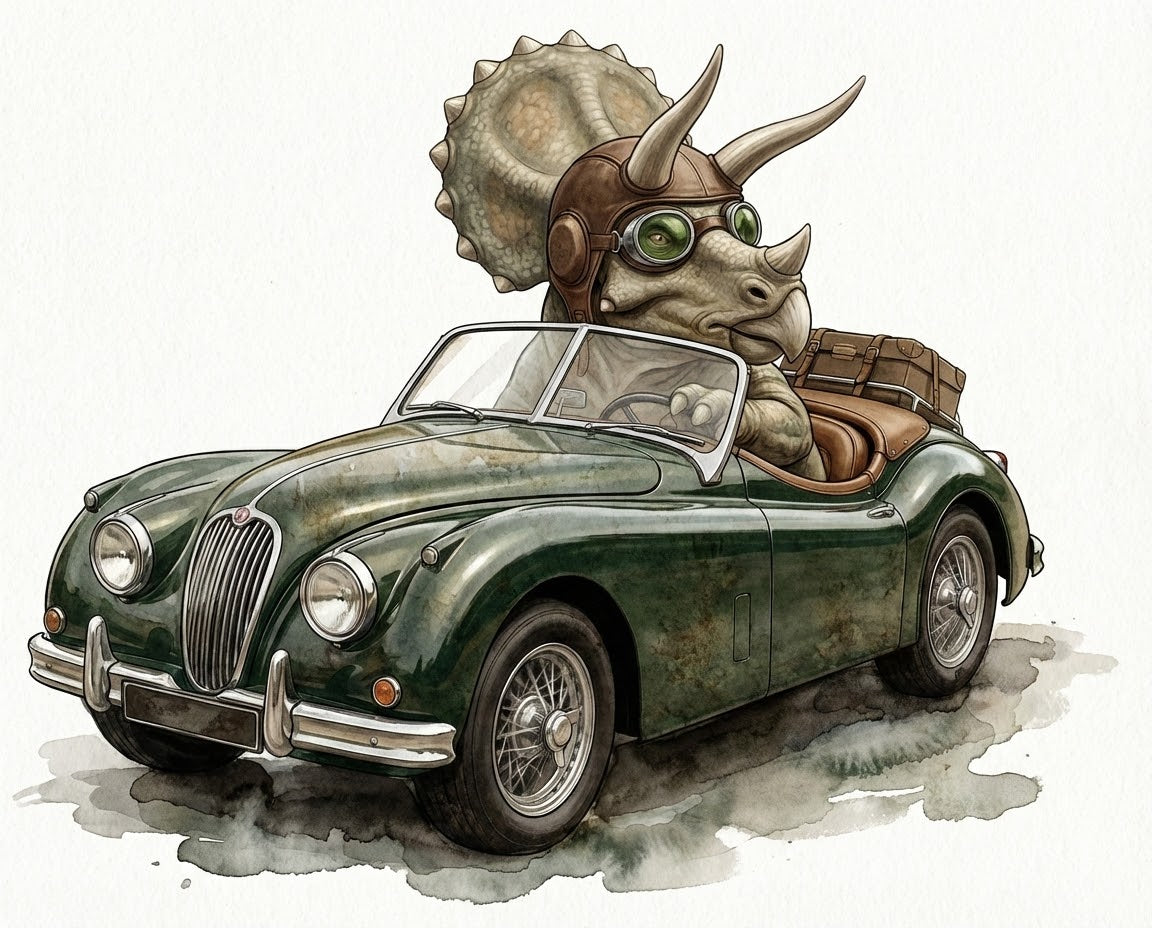 A humorous and detailed illustration of a triceratops wearing aviator goggles and a leather helmet while confidently driving a vintage green convertible car, blending prehistoric character with retro automotive style for a whimsical touch.
