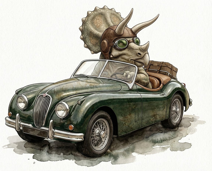 A humorous and detailed illustration of a triceratops wearing aviator goggles and a leather helmet while confidently driving a vintage green convertible car, blending prehistoric character with retro automotive style for a whimsical touch.
