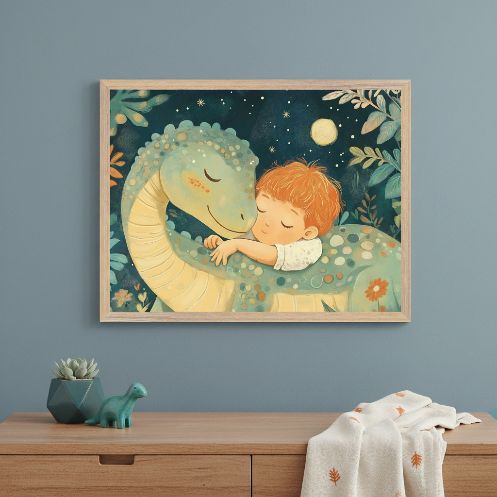 Modern nursery with a light wood dresser. A framed whimsical illustration of a blue-green dinosaur hugging a sleeping red-haired child, under a starry sky, hangs above the dresser. A small dinosaur figurine and succulent are on the dresser.