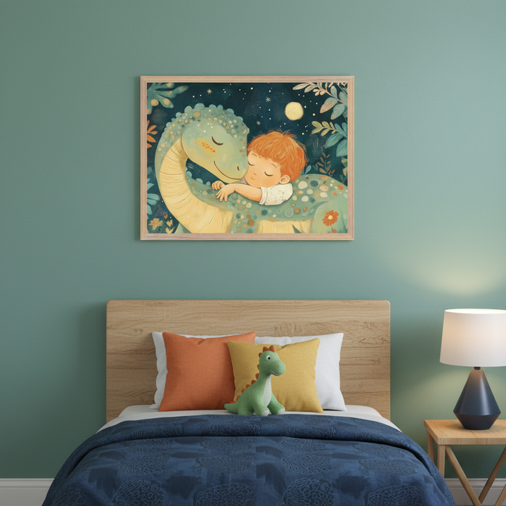 Kid's bedroom with a wooden bed, blue duvet, orange and yellow pillows, and a dinosaur plush. Above the bed, a framed illustration shows a boy hugging a green dinosaur under a starry night sky. A wooden bedside table and lamp are on the right.