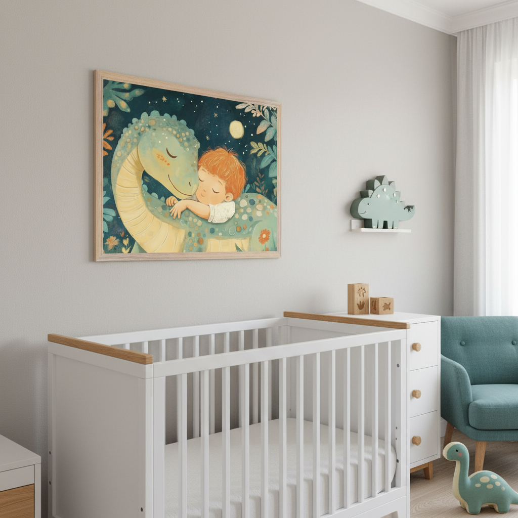 Modern nursery with a white crib and dresser, and a teal armchair. A large framed whimsical print of a child hugging a green dinosaur under a night sky hangs above the crib. A small dinosaur shelf is on the wall to the right, and a dinosaur toy sits on the floor.
