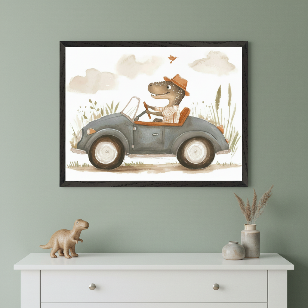 Kid's room featuring a white dresser against a green wall. A framed watercolor illustration of a dinosaur in a hat driving a vintage car with a bird flying above hangs centered over the dresser. A dinosaur toy and decorative vases are on the dresser.