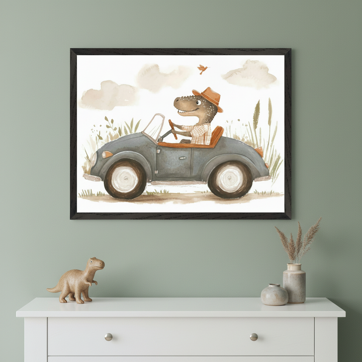 Kid's room featuring a white dresser against a green wall. A framed watercolor illustration of a dinosaur in a hat driving a vintage car with a bird flying above hangs centered over the dresser. A dinosaur toy and decorative vases are on the dresser.