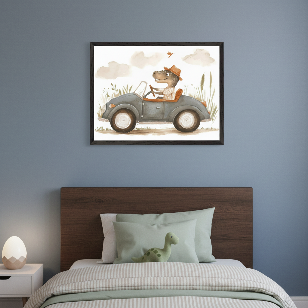 Kid's bedroom with a wooden headboard bed and green and striped bedding. A white nightstand with an egg lamp is to the left. Above the bed hangs a framed watercolor print of a dinosaur in a hat driving a grey convertible car.