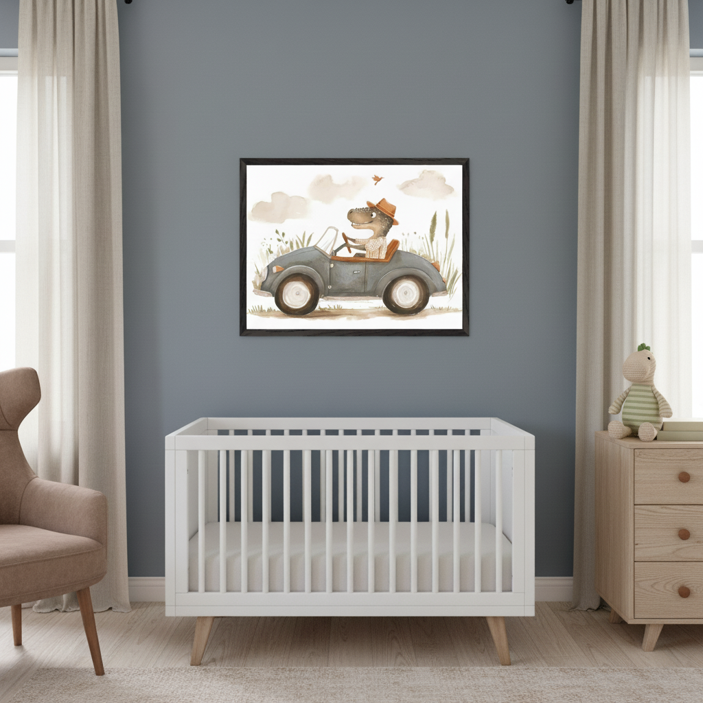 Modern nursery with a white crib against a blue-gray wall. A framed watercolor print of a dinosaur in a hat driving a gray car hangs above the crib. A brown armchair is on the left, and a wooden dresser with a stuffed animal is on the right.