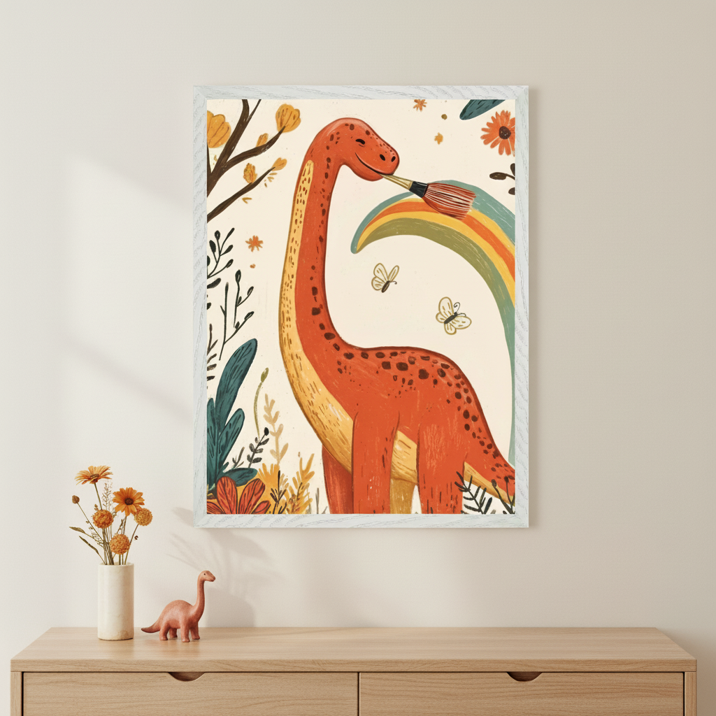 Modern room with a light wood dresser. A large framed stylized illustration of an orange long-necked dinosaur painting a rainbow hangs centered above the dresser. A small pink dinosaur figurine and a vase of orange flowers are on the dresser.