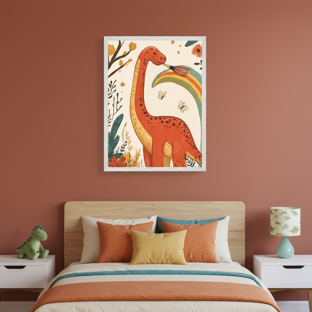 Kid's bedroom with a terracotta wall and a wooden bed. A framed illustration of an orange dinosaur painting a rainbow is centered above the headboard. White nightstands flank the bed, holding a green dinosaur toy and a dinosaur lamp.
