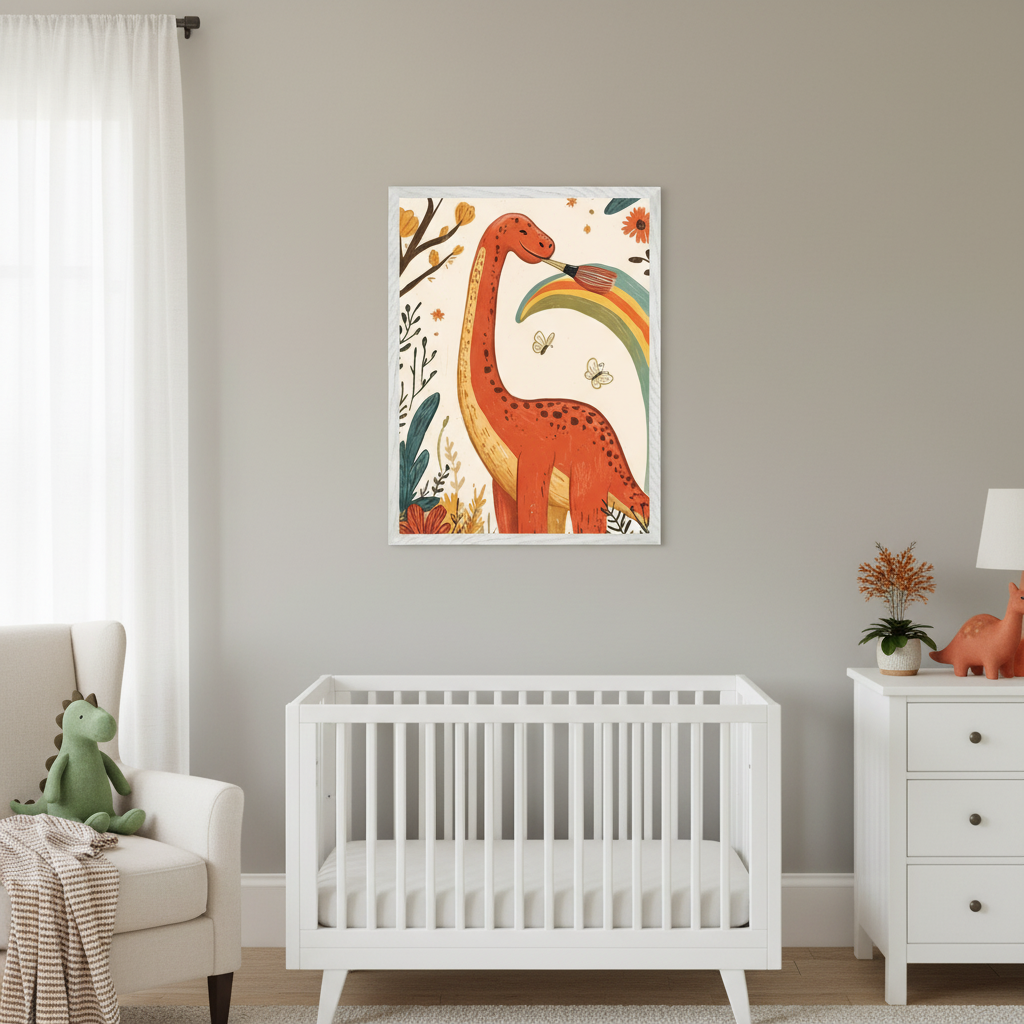 Modern nursery with a white crib, cream armchair, and white dresser. A large framed print of an orange dinosaur painting a rainbow with a paintbrush hangs centrally above the crib. A green dinosaur plush sits on the armchair.