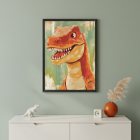 Modern kid's room with a sage green wall and white dresser. A black-framed painting of a smiling orange cartoon dinosaur with a painterly green background hangs centered above the dresser. A white dinosaur figurine, a clock, and a vase with dried grass are on the dresser.