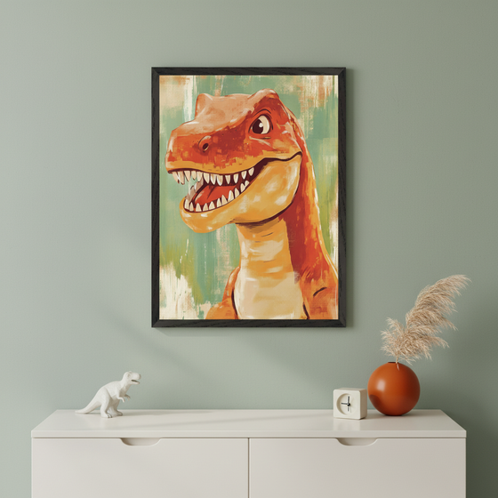 Modern kid's room with a sage green wall and white dresser. A black-framed painting of a smiling orange cartoon dinosaur with a painterly green background hangs centered above the dresser. A white dinosaur figurine, a clock, and a vase with dried grass are on the dresser.
