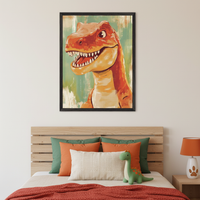Kid's bedroom with a wooden bed. A large framed painting of an open-mouthed orange cartoon dinosaur on a green textured background hangs centered above the bed. The bed has green, orange, and white pillows, and a green dinosaur plush toy.
