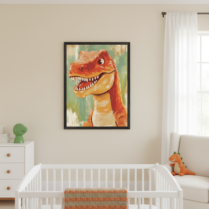 Modern nursery with a white crib, orange and green blanket, white dresser, and beige armchair. A framed orange cartoon dinosaur print with a green abstract background hangs centered above the crib and dresser.