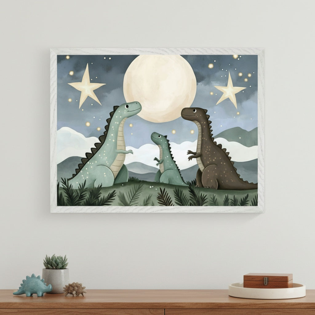 Modern child's bedroom with a wooden console table. A framed illustration of a family of three cartoon dinosaurs (two adults, one baby) under a full moon and stars hangs centered above the table.