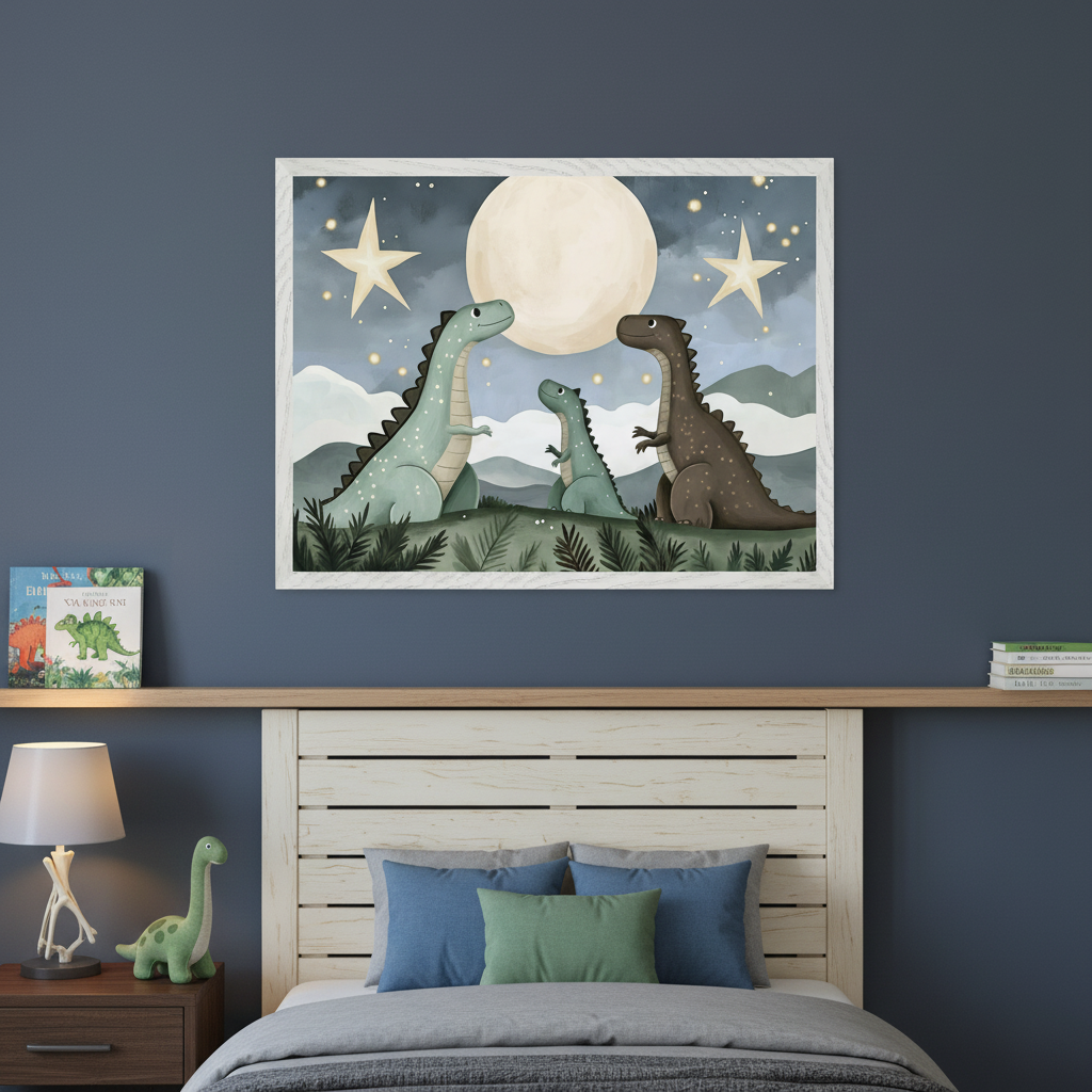 Kid's bedroom featuring a bed with a light wood headboard. A large framed illustration of a dinosaur family under a full moon and stars hangs centered above the bed.