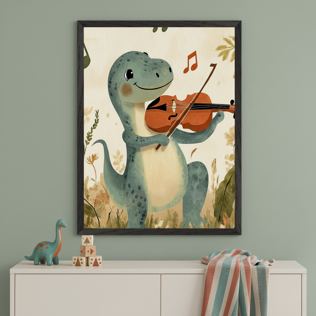 Kid's room with light green walls and a white dresser. A large framed print is centered above the dresser, showing a cartoon-style green dinosaur playing a violin with musical notes among plants. A toy dinosaur and wooden blocks sit on the dresser.