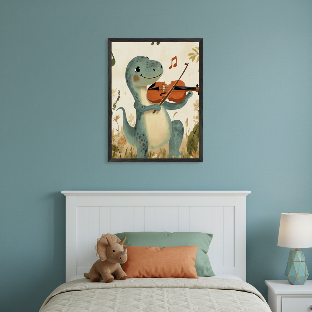 Kid's bedroom with a white bed and headboard. Centered above the bed hangs a framed cartoon print of a smiling light blue dinosaur playing a violin amidst foliage. A stuffed triceratops is on the bed, and a lamp sits on a nightstand.