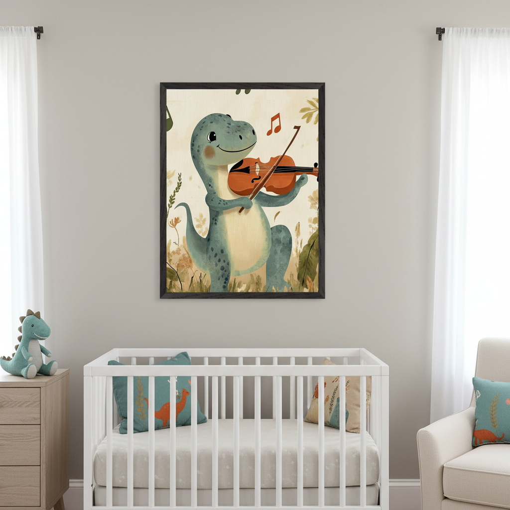 Modern nursery with a white crib, wood dresser, and armchair. A framed illustration of a smiling green dinosaur playing a violin, with musical notes, hangs above the crib.