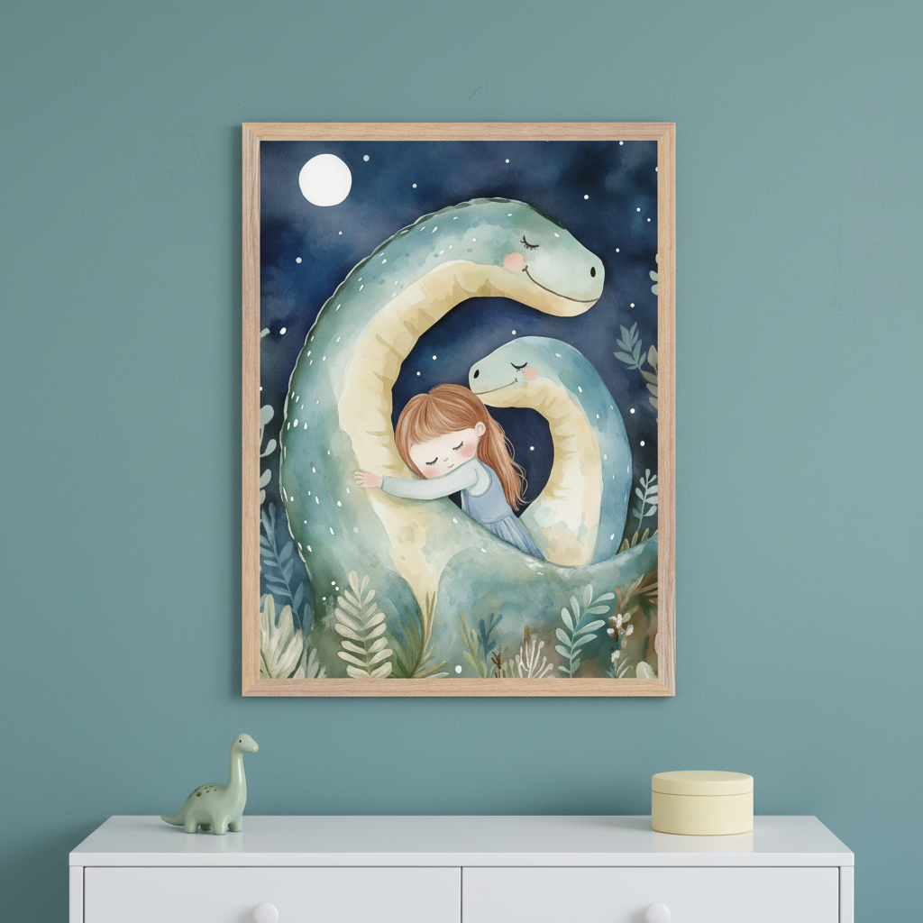 Kid's room with a teal wall and white dresser. A framed watercolor print of a girl hugging a large blue dinosaur, with a smaller one nearby, under a moonlit sky hangs above the dresser. A green dinosaur toy and yellow box are on the dresser.