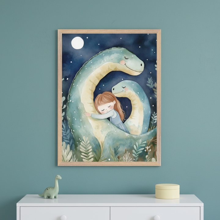 Kid's room with a teal wall and white dresser. A framed watercolor print of a girl hugging a large blue dinosaur, with a smaller one nearby, under a moonlit sky hangs above the dresser. A green dinosaur toy and yellow box are on the dresser.