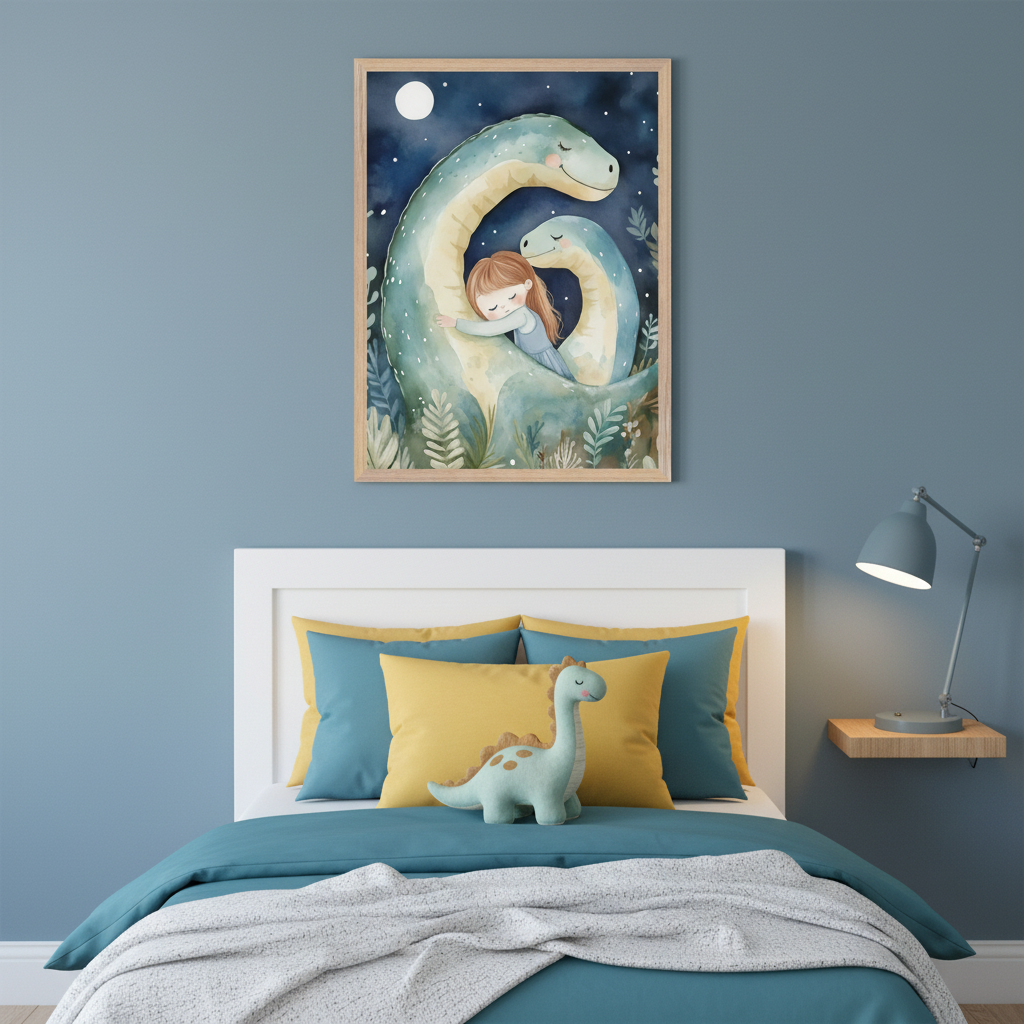 Kid's bedroom with a blue wall and white bed. A watercolor framed print hangs above the bed, showing a happy light blue dinosaur hugging a sleeping girl, with a smaller dinosaur nearby and a moon in the starry sky. A light green dinosaur toy is on the bed.
