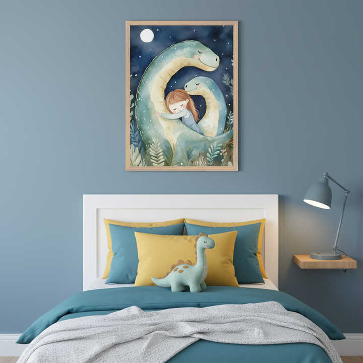 Kid's bedroom with a blue wall and white bed. A watercolor framed print hangs above the bed, showing a happy light blue dinosaur hugging a sleeping girl, with a smaller dinosaur nearby and a moon in the starry sky. A light green dinosaur toy is on the bed.