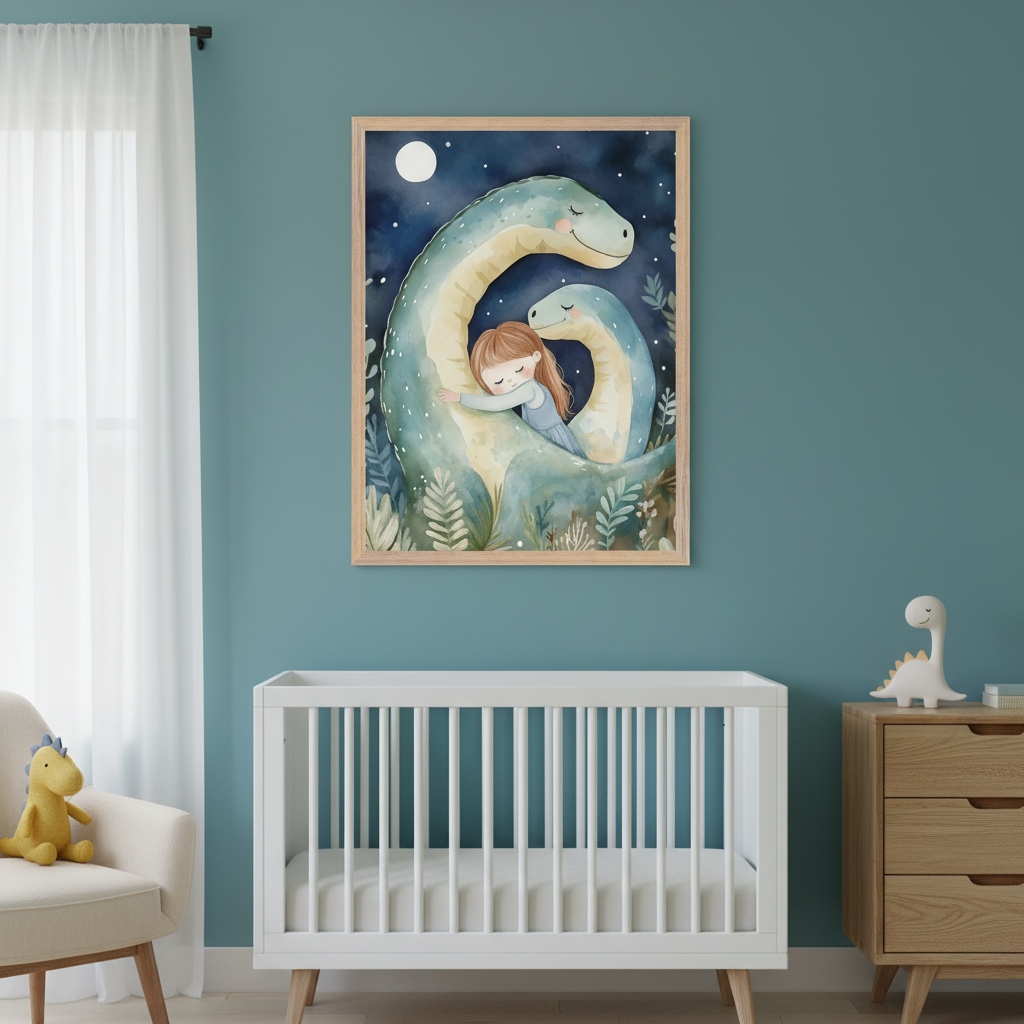 Modern nursery with a white crib, a wooden dresser, and a cream armchair. A framed watercolor print of a girl hugging a large green dinosaur, with a smaller one beside it, under a starry night sky, hangs above the crib.