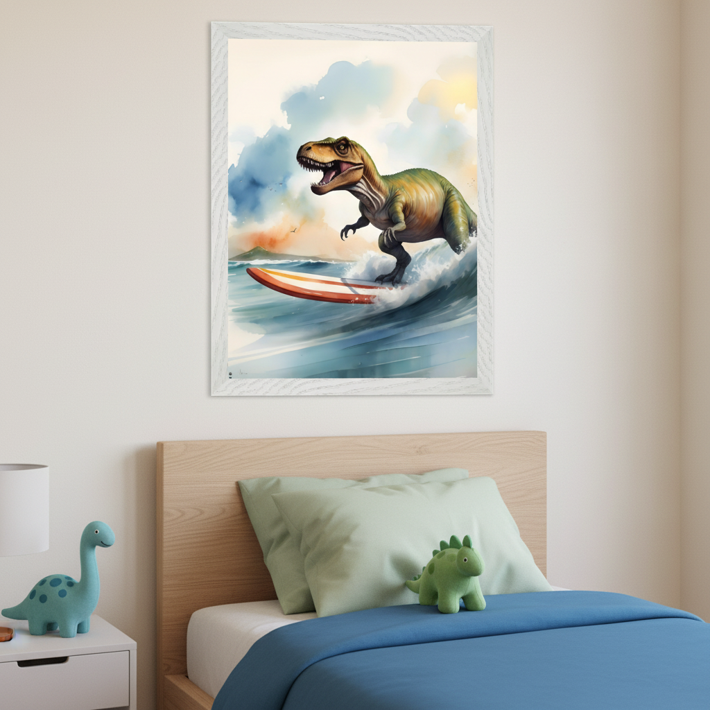 Kid's bedroom with a wooden bed and a white nightstand. A large framed watercolor print of a green T-Rex surfing hangs above the bed. Blue and green dinosaur toys are on the nightstand and bed.