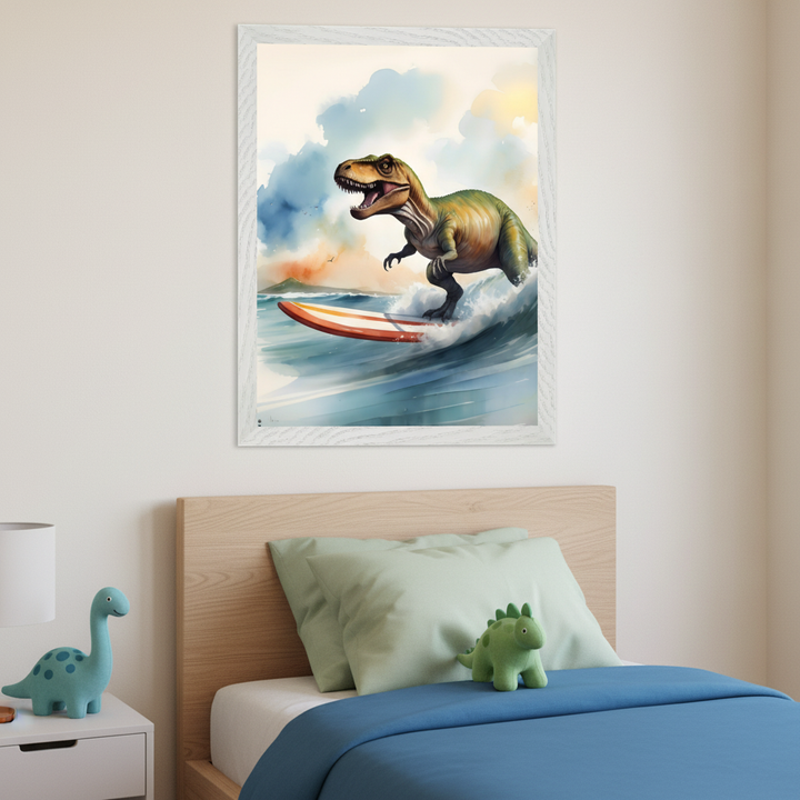 Kid's bedroom with a wooden bed and a white nightstand. A large framed watercolor print of a green T-Rex surfing hangs above the bed. Blue and green dinosaur toys are on the nightstand and bed.