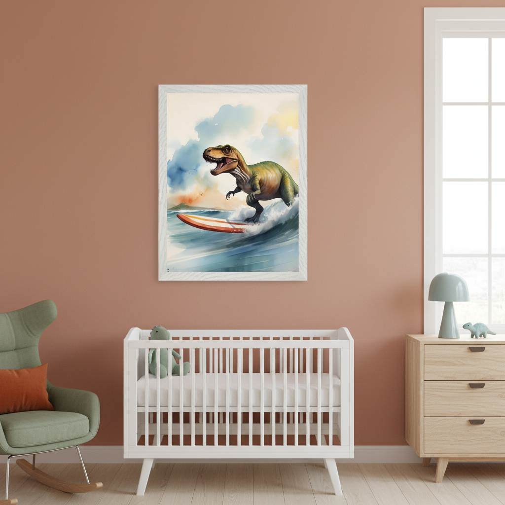 Modern nursery with a white crib, green rocking chair, and light wood dresser. Above the crib and rocker hangs a framed watercolor print of a T-Rex surfing a wave. A light blue lamp and dinosaur toy are on the dresser.