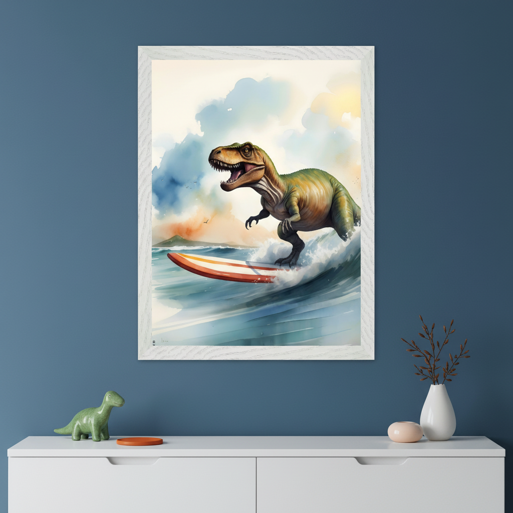 Modern kid's room with a dark blue wall. A white dresser sits below a framed watercolor painting of a T-Rex surfing on a wave. A green dinosaur toy, orange coaster, white vase with branches, and a small pink decorative item are on the dresser.