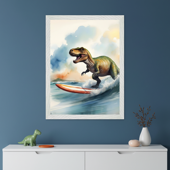 Modern kid's room with a dark blue wall. A white dresser sits below a framed watercolor painting of a T-Rex surfing on a wave. A green dinosaur toy, orange coaster, white vase with branches, and a small pink decorative item are on the dresser.