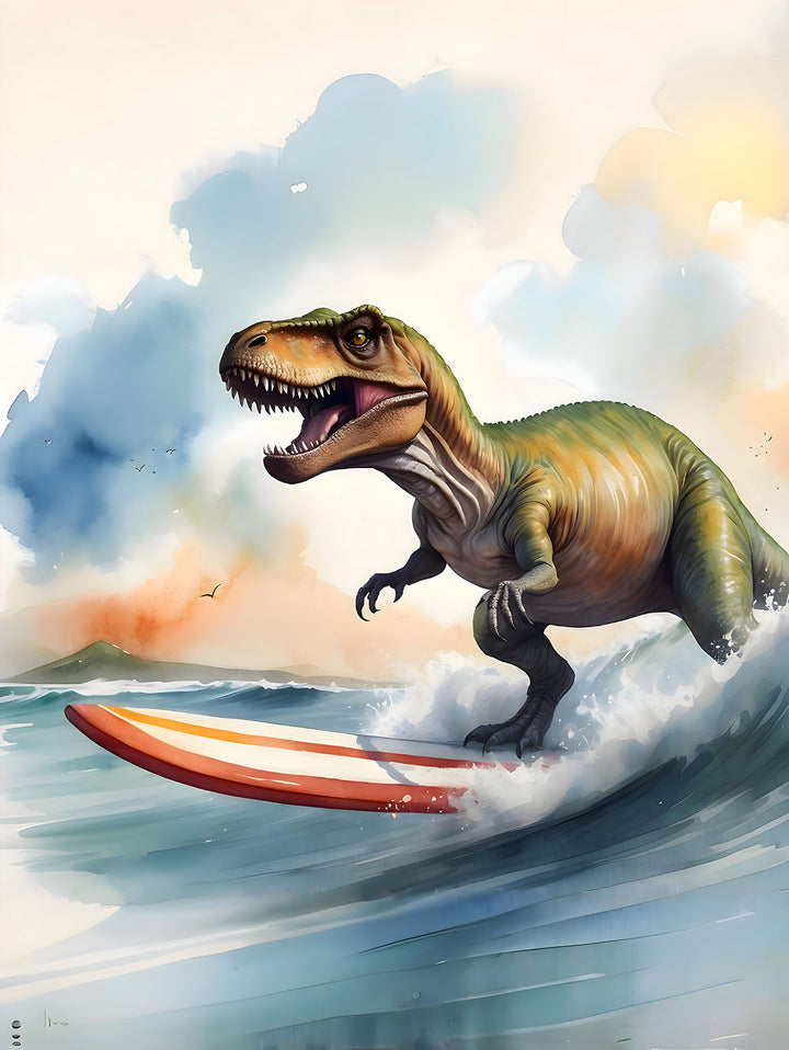 A dinosaur is depicted surfing on a striped surfboard, riding a wave with an open mouth against a backdrop of a colorful sky and distant hills.