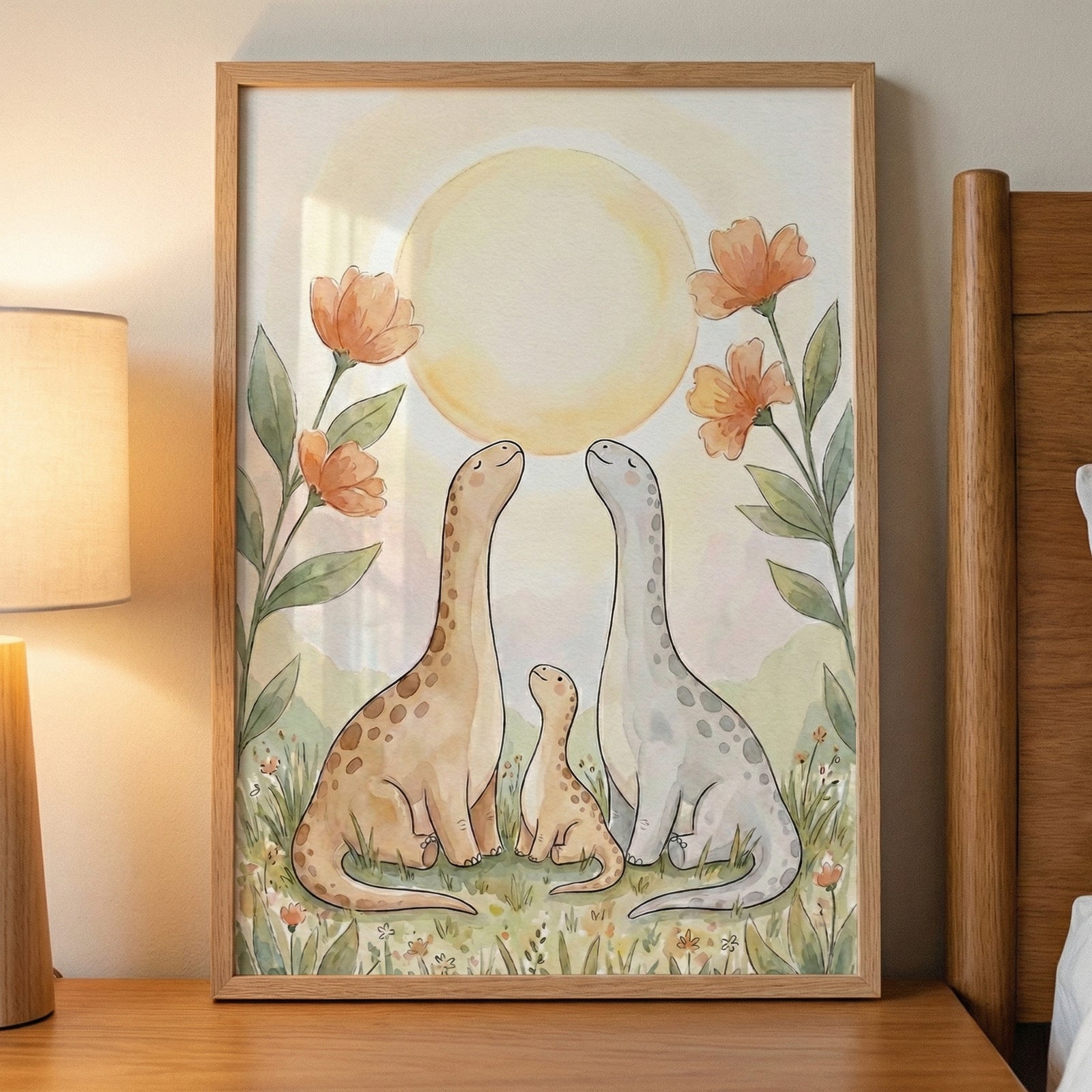 A framed watercolor illustration shows two adult dinosaurs and a baby dinosaur sitting together in a grassy field beneath a large glowing yellow sun. Soft orange flowers and green leaves frame the scene, creating a gentle, family focused feel that works beautifully as nursery wall art above a wooden dresser.