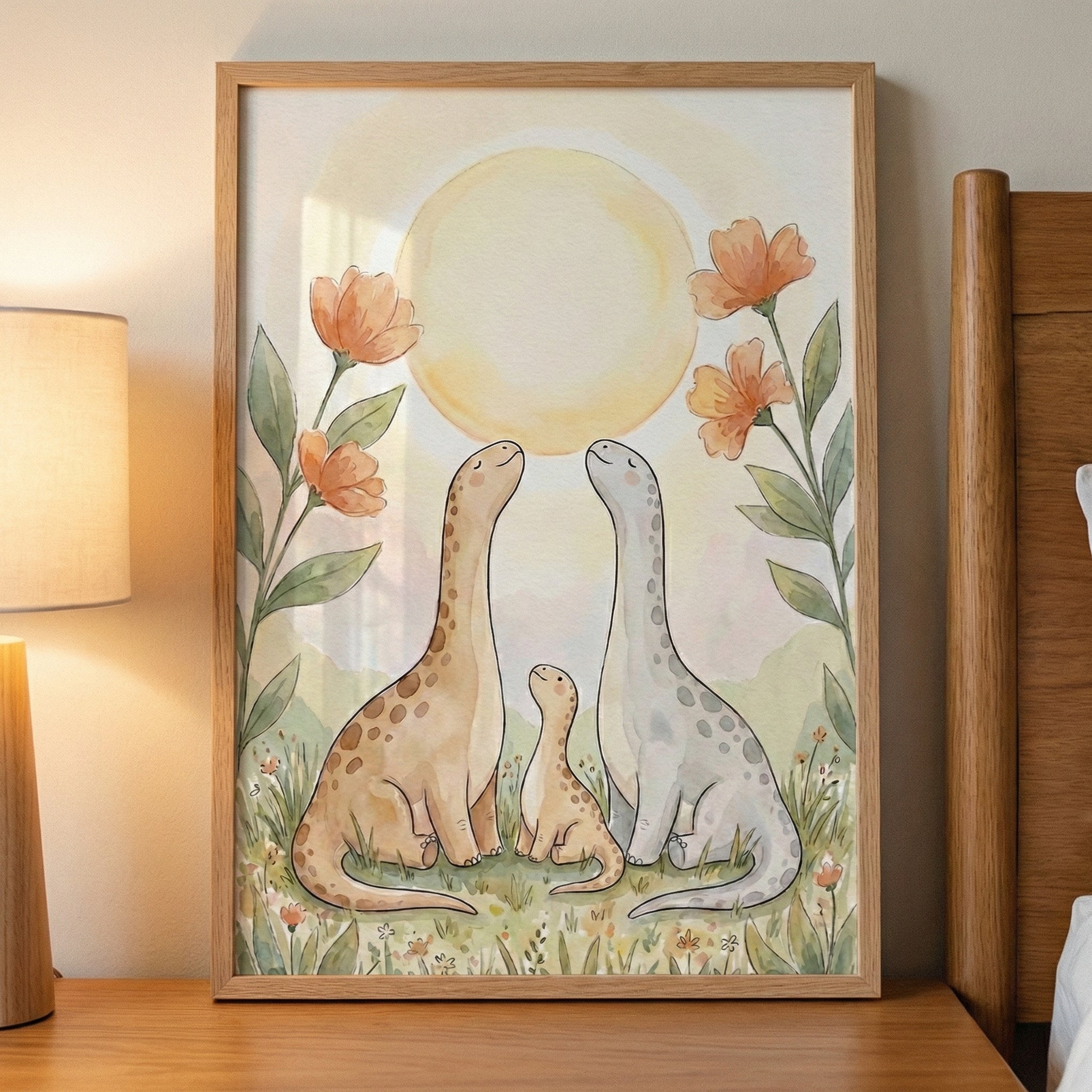 Dinosaur Family Watercolor Illustration Wall Art - Sunny Dinosaur Family