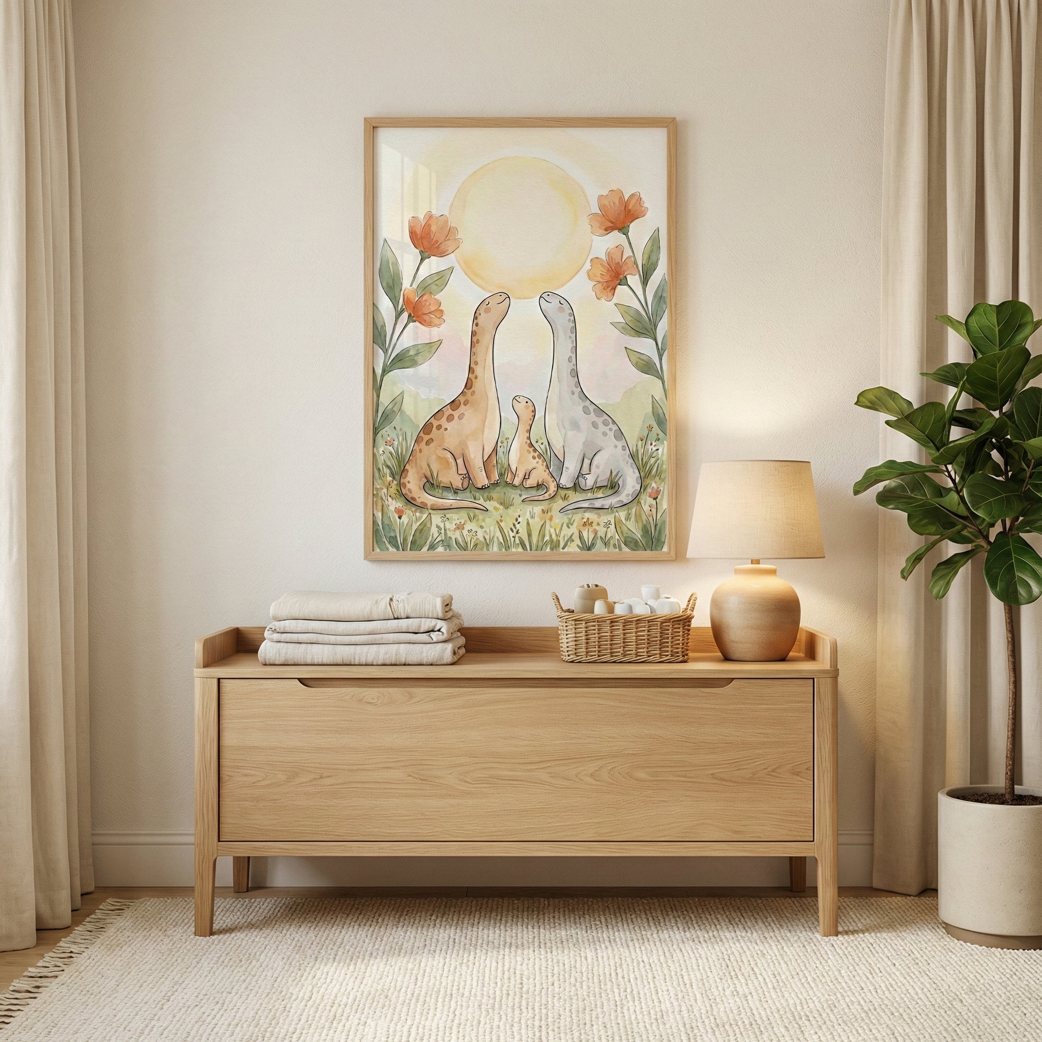 A light wood dresser styled as a changing table sits against a neutral wall beneath a framed watercolor print of two parent dinosaurs and a baby dinosaur under a soft yellow sun surrounded by orange flowers and greenery. Folded cream blankets, a woven basket with baby essentials, and a warm table lamp create a cozy nursery setup, with beige curtains and a leafy potted plant completing the calm, natural space.